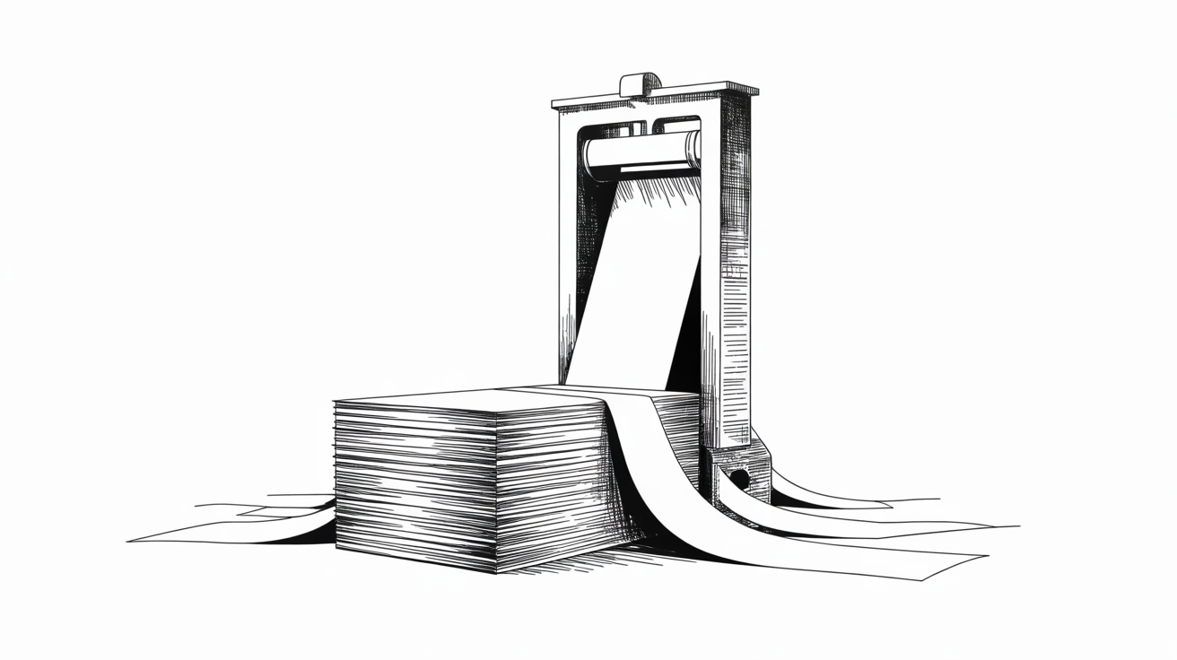 Technical illustration of print file preparation — guillotine cutter and printed sheets